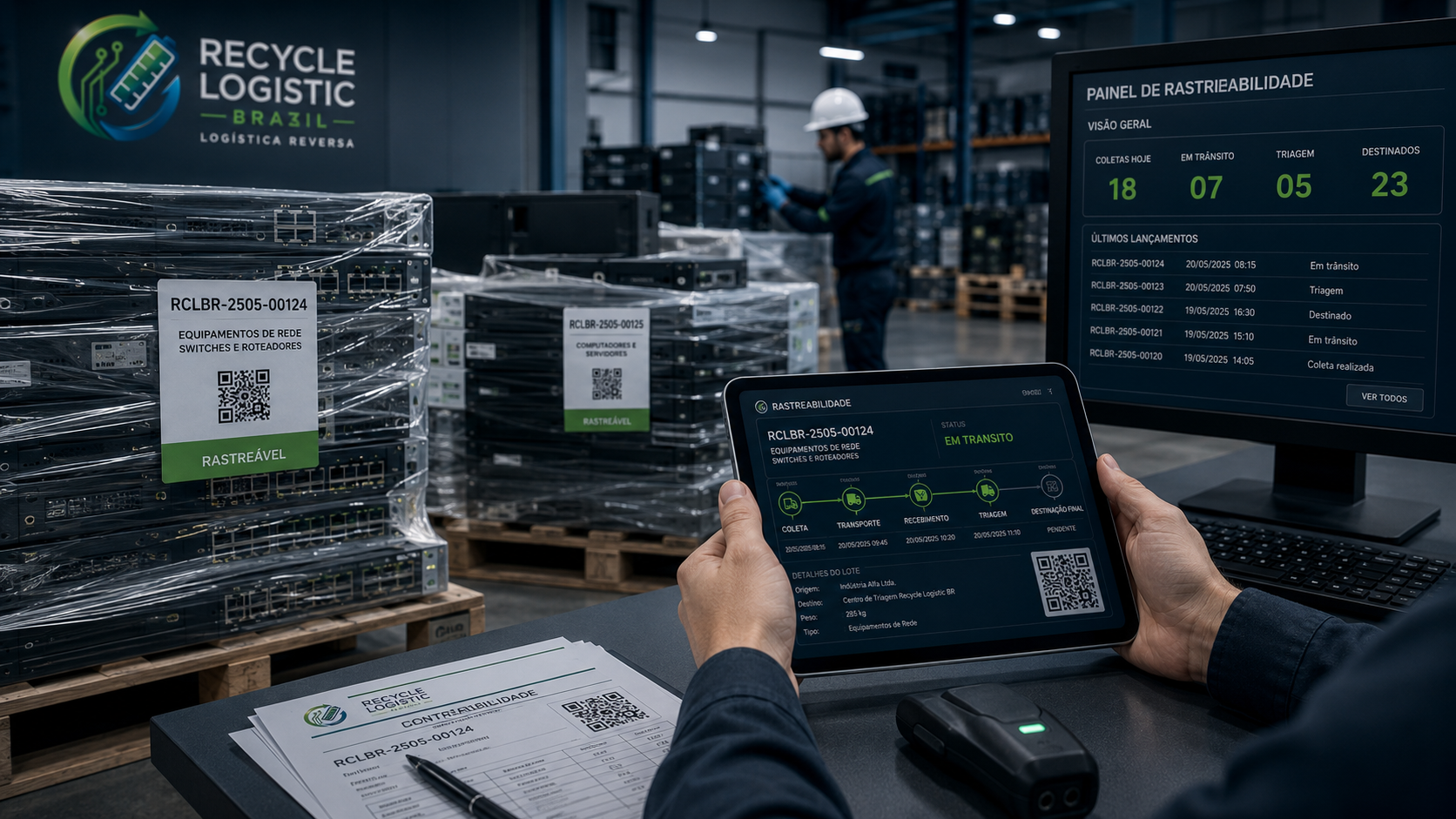 Painel de rastreabilidade Recycle Logistic BR — tablet exibindo status de lote em trânsito (RCLBR-2505-00124) e monitor com visão geral de coletas, triagem e destinações.