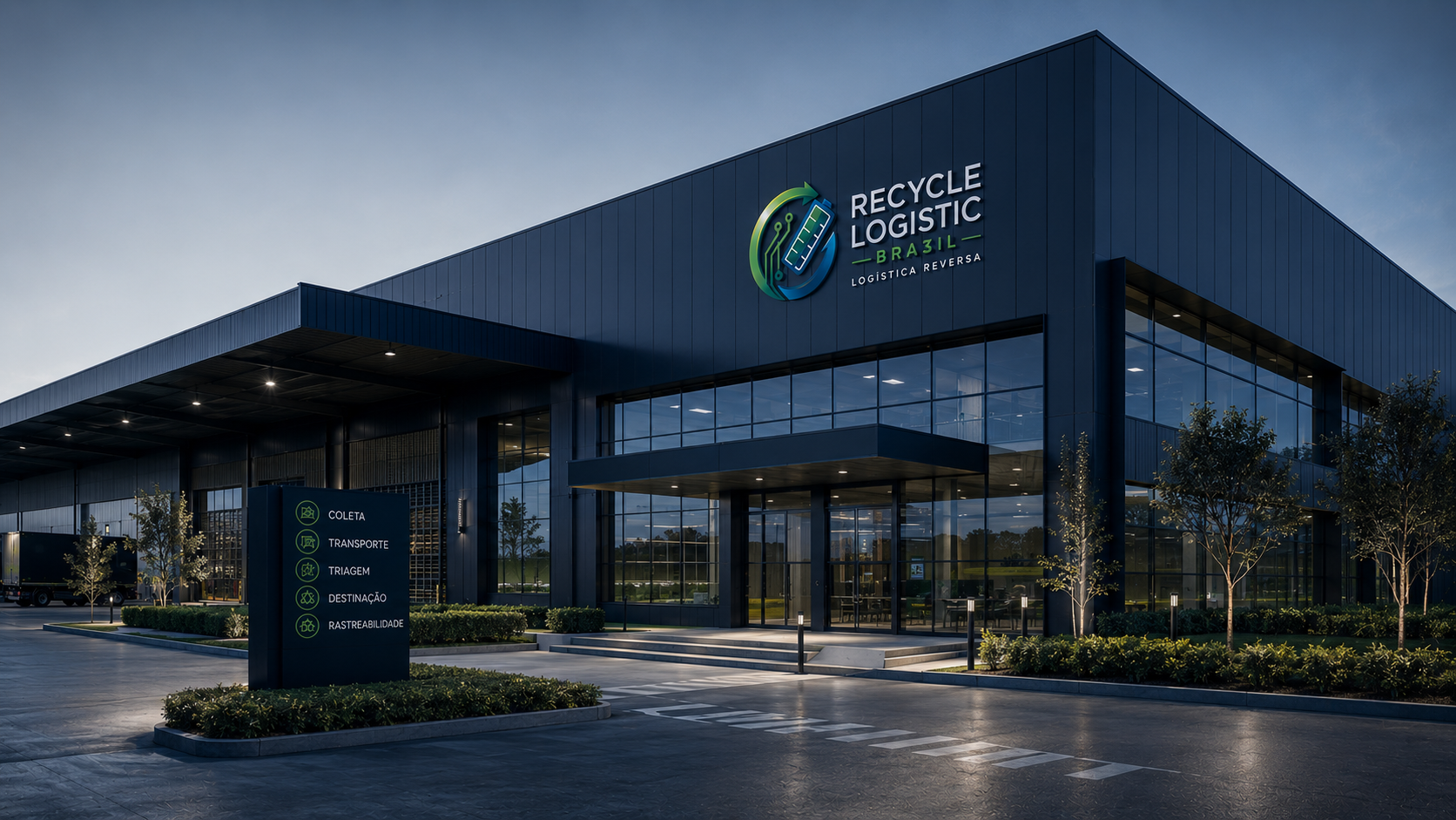 Sede corporativa da Recycle Logistic BR — fachada institucional com identidade visual e painel de serviços.