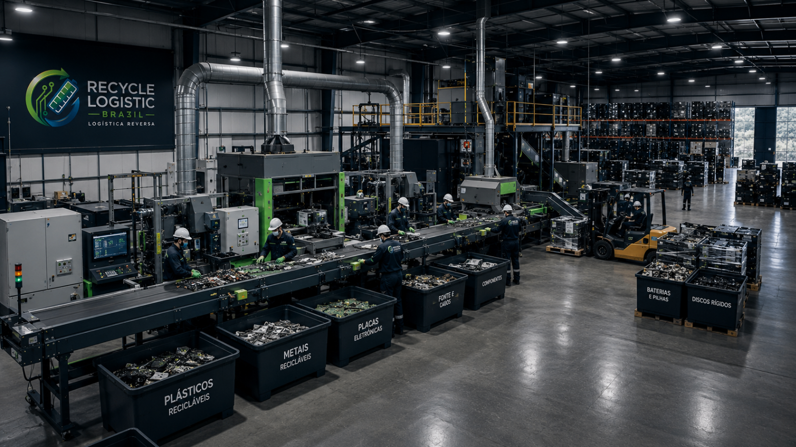 Linha de triagem da Recycle Logistic BR — operadores classificando componentes eletrônicos em bancadas técnicas.