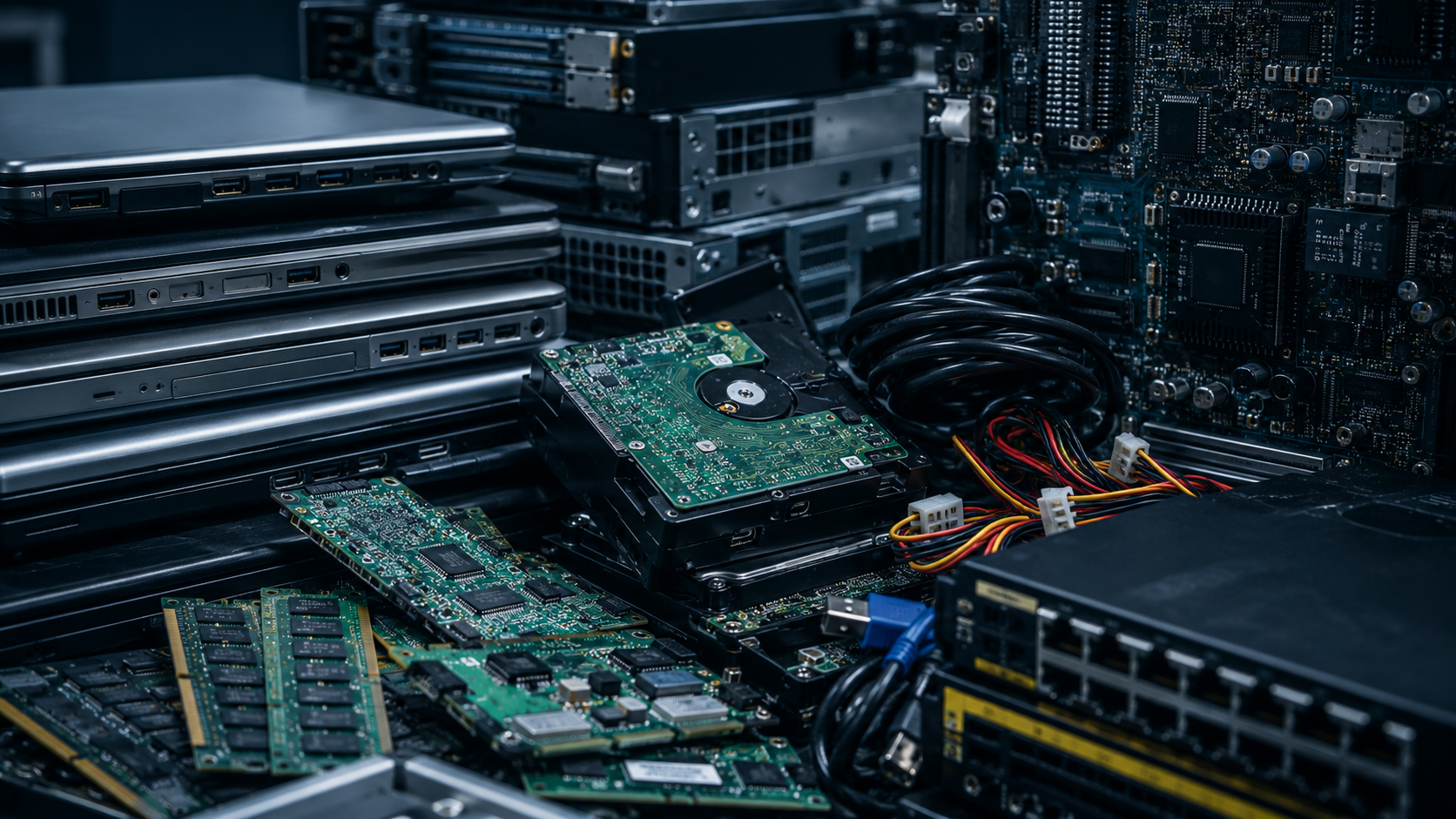 Composição de resíduos eletrônicos — notebooks, HDs, placas, memórias e cabos em ambiente técnico.