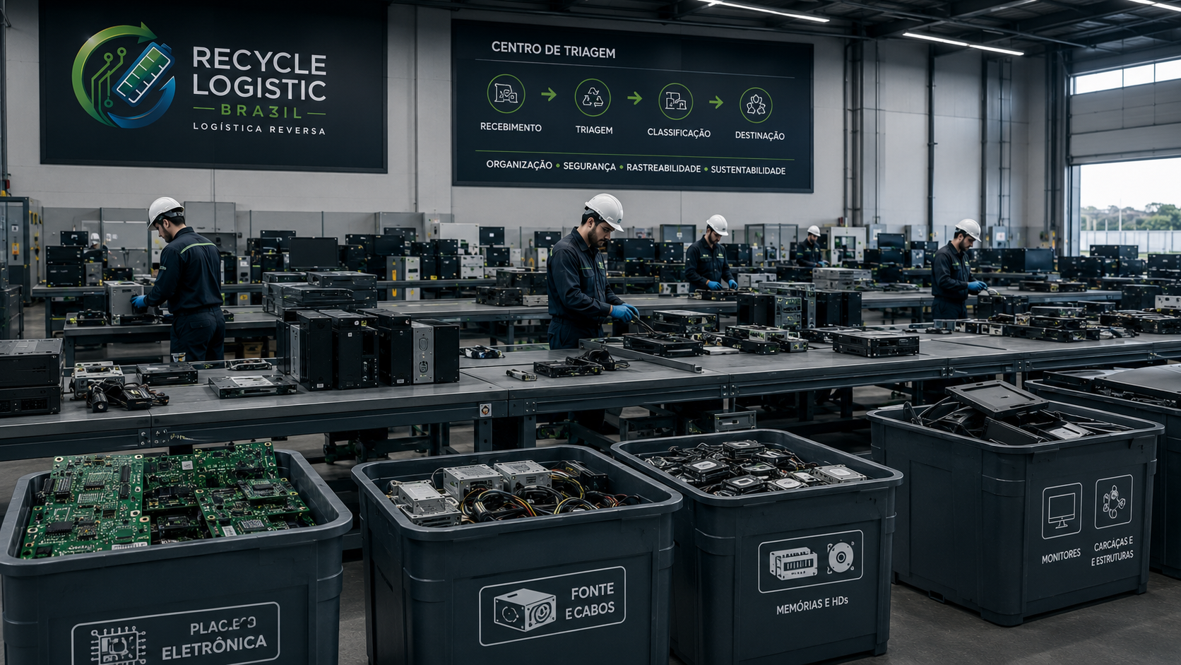 Centro de triagem da Recycle Logistic BR — bancadas de categorização com fluxo Recebimento → Triagem → Classificação → Destinação sinalizado, e contentores identificados por tipo de resíduo.