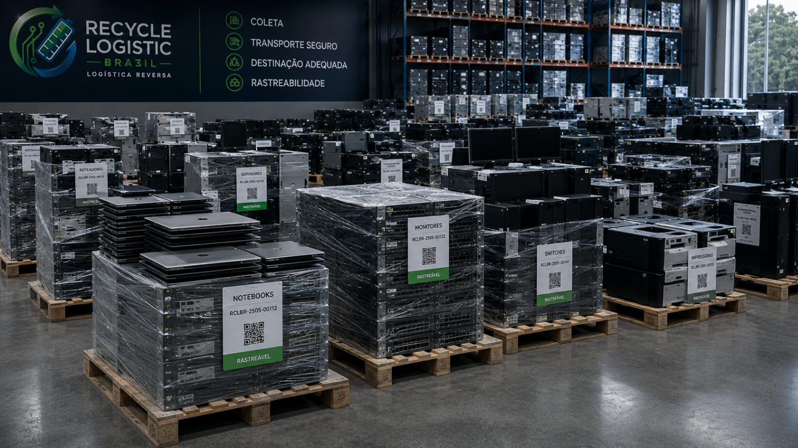 Pallets rastreáveis com etiquetas de QR code — equipamentos corporativos preparados para triagem e destinação técnica.