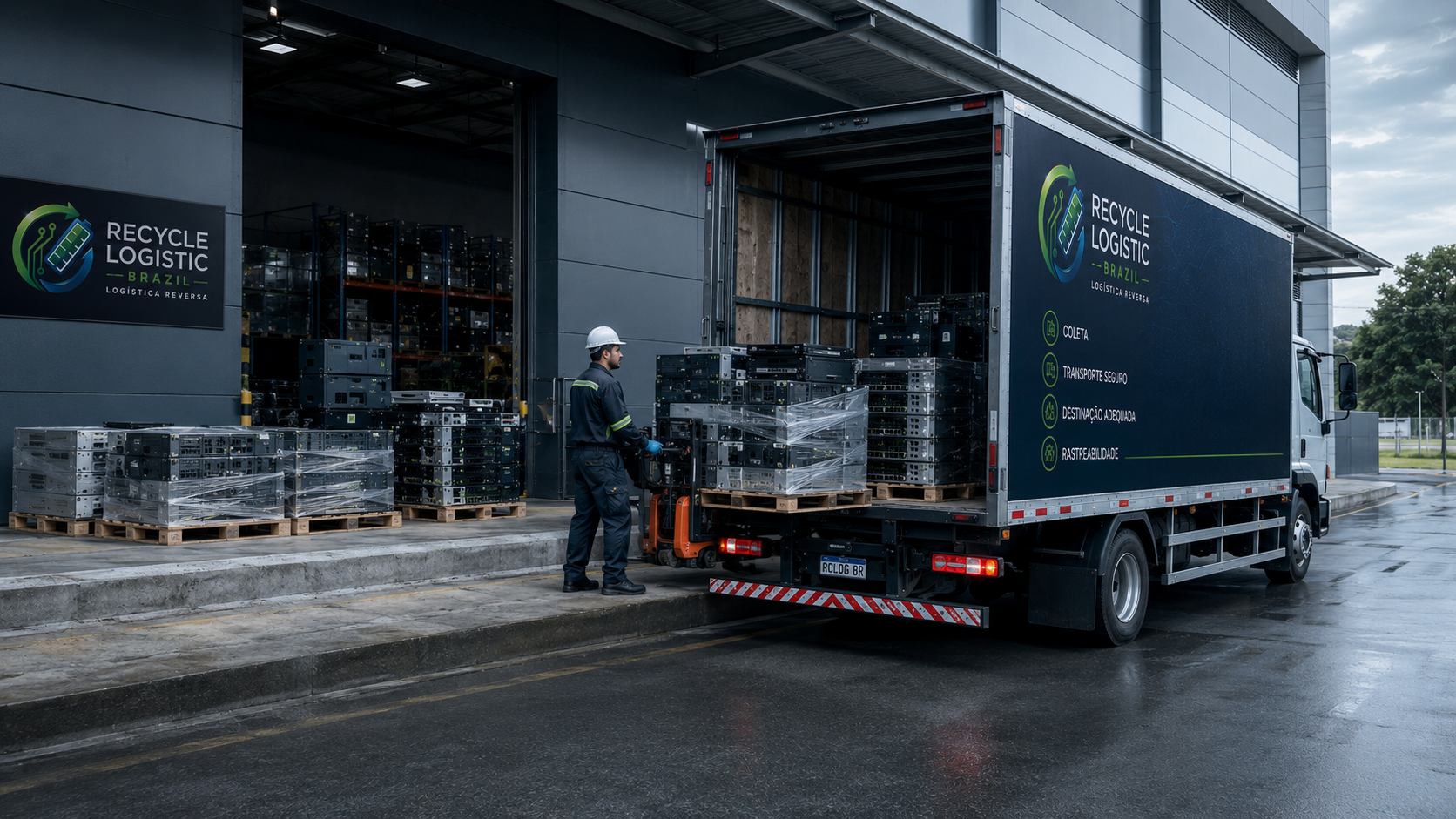 Frota da Recycle Logistic BR realizando coleta em doca corporativa — pallets de servidores e equipamentos de rede embalados tecnicamente para transporte rastreado.