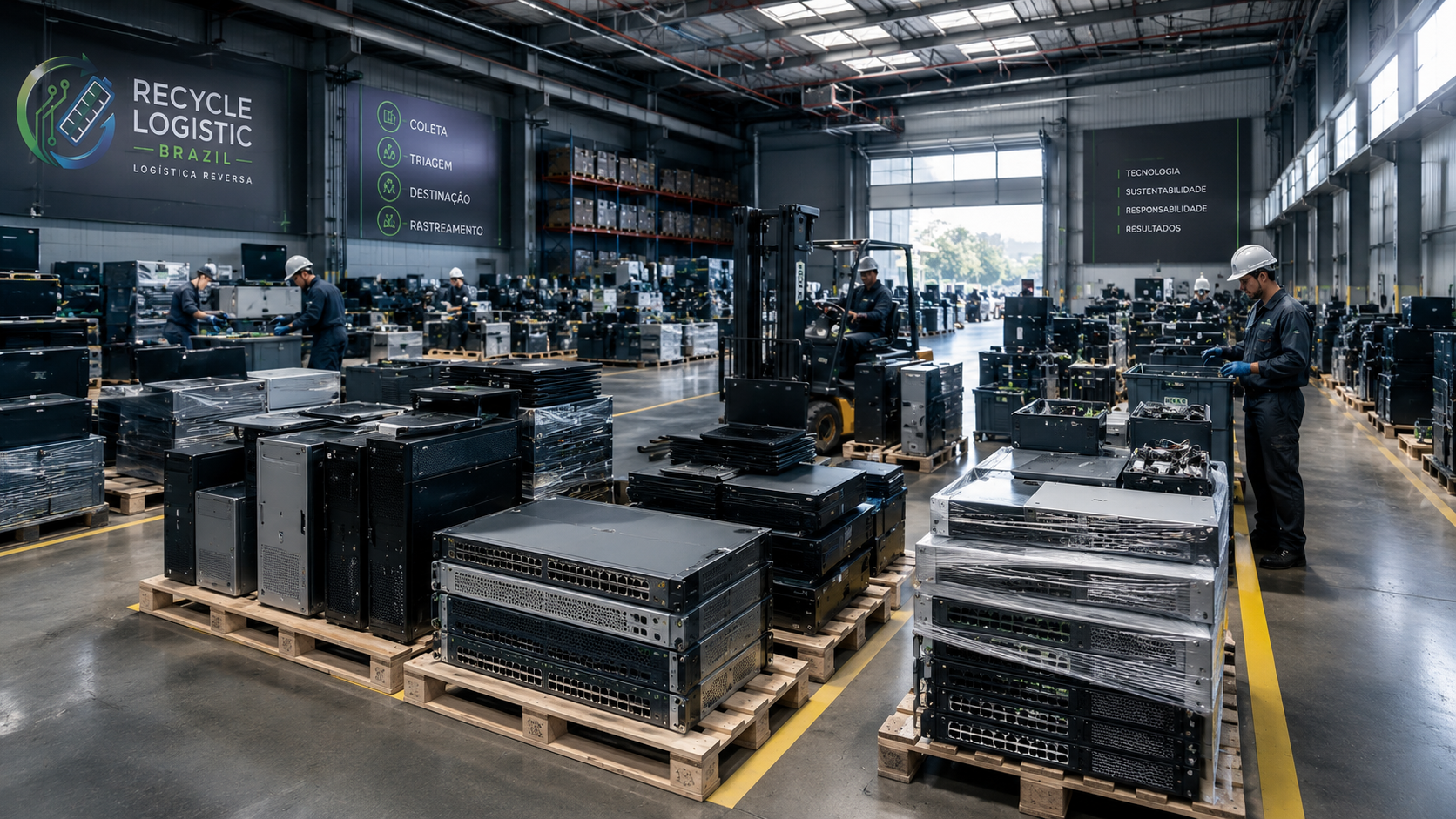 Pátio operacional da Recycle Logistic BR — frota corporativa posicionada para operações de coleta, transporte e destinação de resíduos eletrônicos.