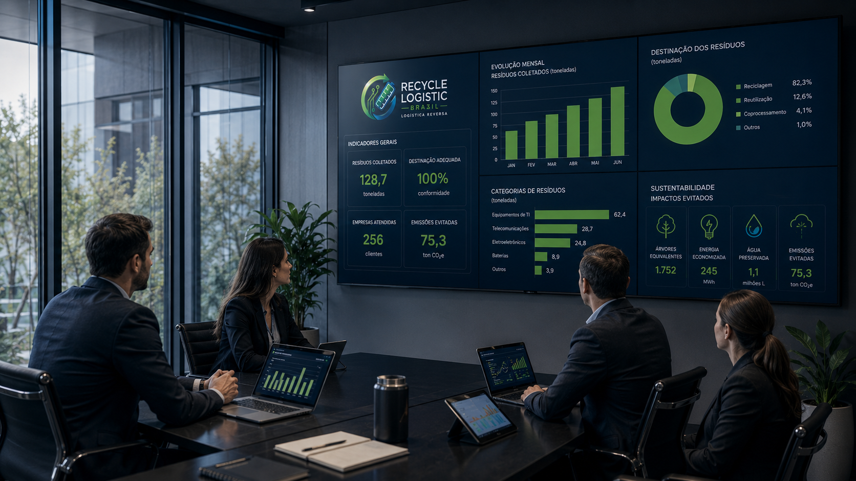 Sala de reunião corporativa com dashboard de indicadores ESG da Recycle Logistic BR — evolução mensal, destinação de resíduos e impactos evitados.
